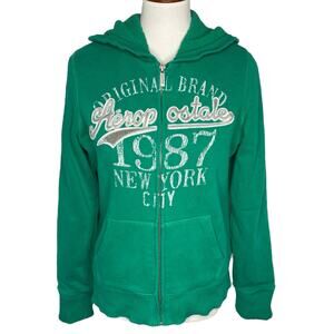 Aeropostale Hoodie Green New York City 1987 Faux Fur Lining Sweatshirt Large Y2K